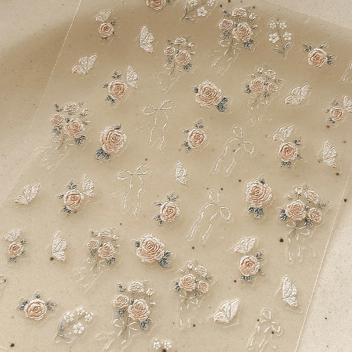 3D embossed rose nail sticker, Bow knot 3D nail sticker in champagne gold