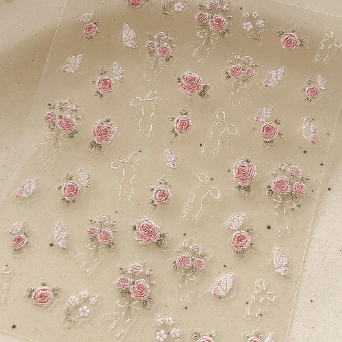 3D embossed rose nail sticker, Bow knot 3D nail sticker in light pink