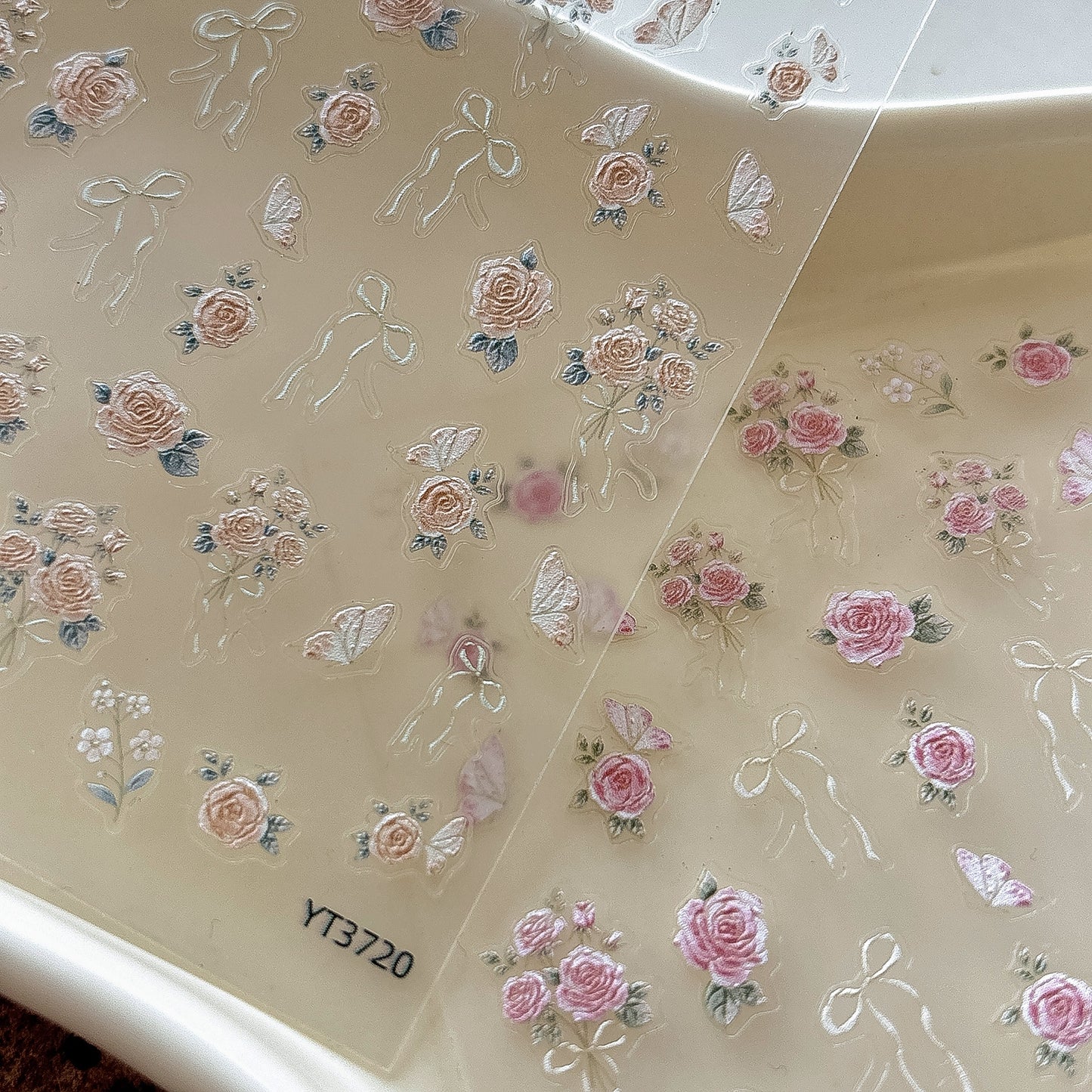 3D embossed rose nail sticker, Bow knot 3D nail sticker in champagne gold and light pink,close up look