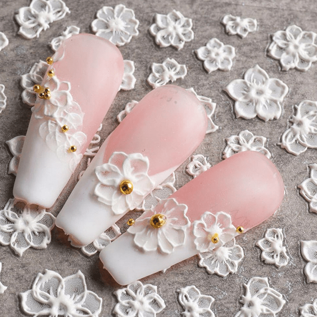 5D soft embossed white lace flower nail sticker on press on nails