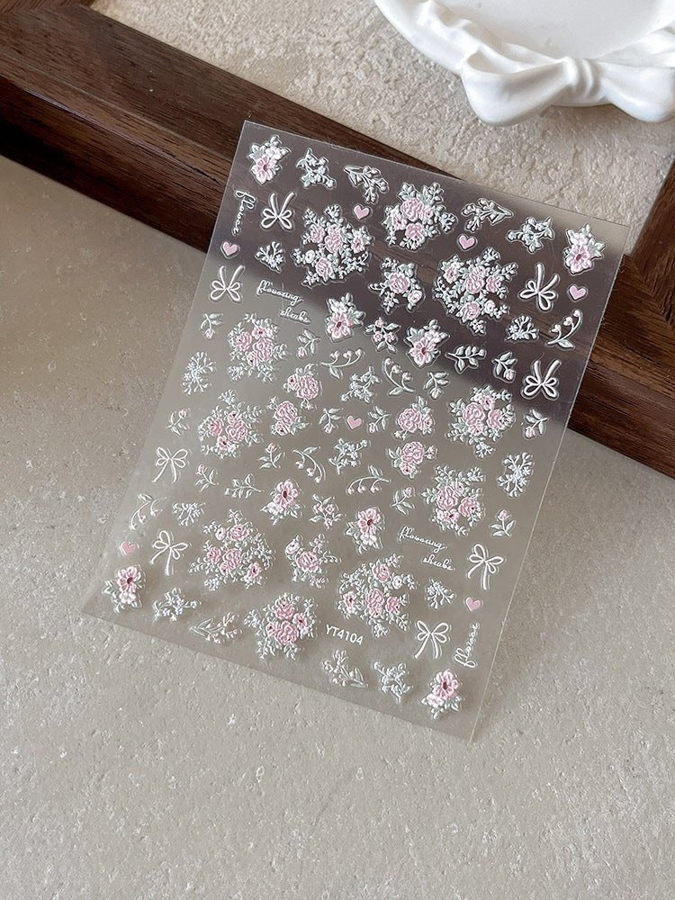 Blushing pink 3D embossed floral nail decals with green leaves