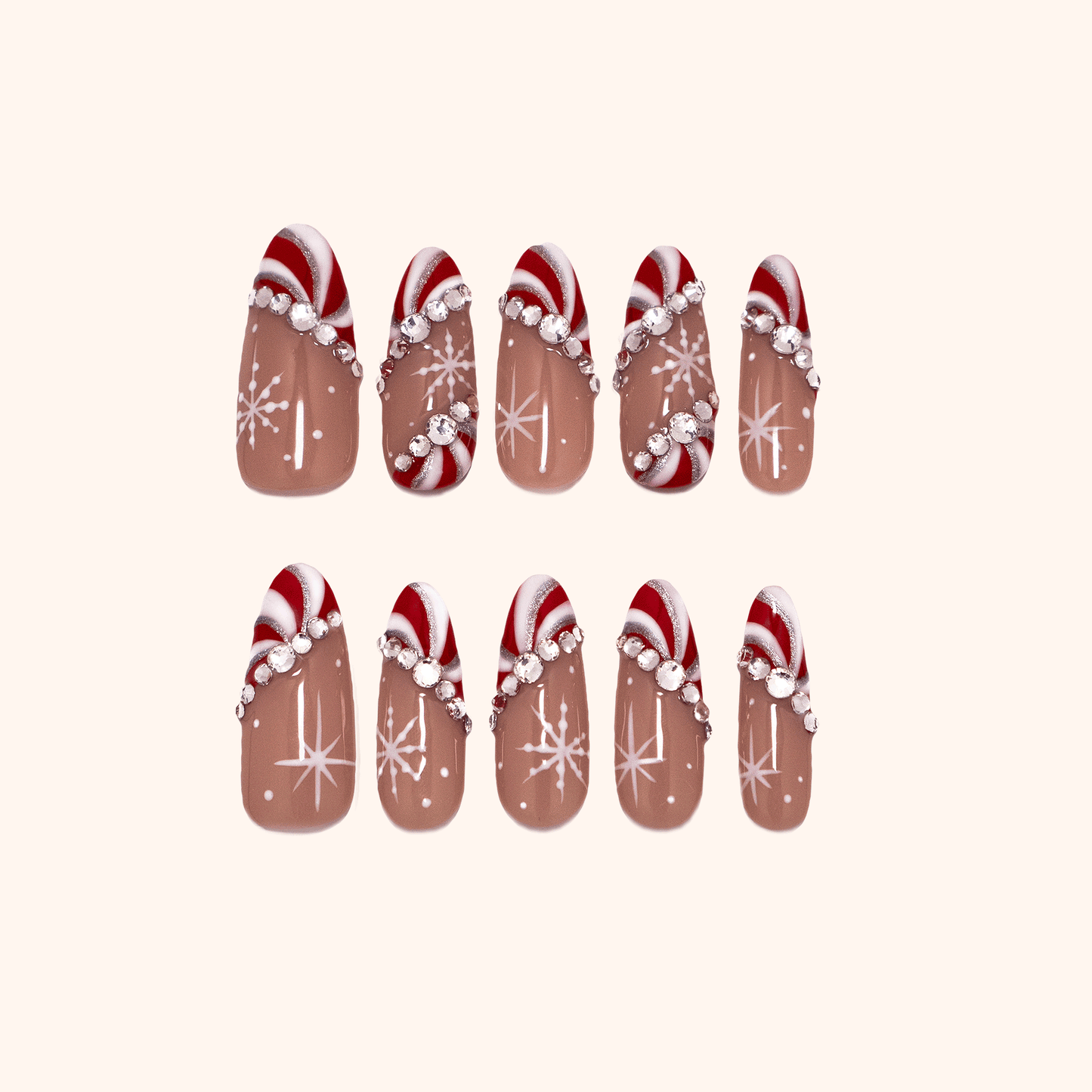 holiday and Christmas press on nails-Ten press-ons- rhinestones gems, snowflakes, and candy cane design
