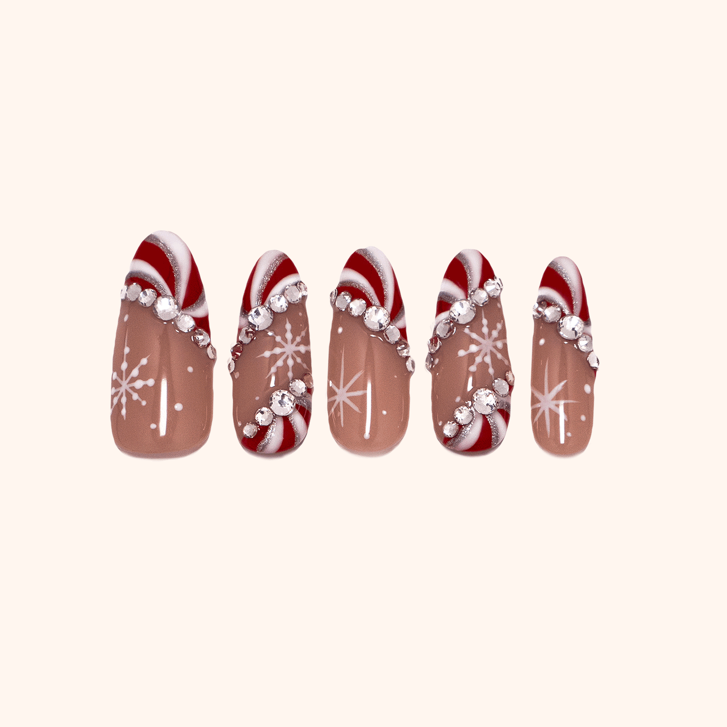 holiday and Christmas press on nails-Product Image- rhinestones gems, snowflake, and candy cane design- five press-ons