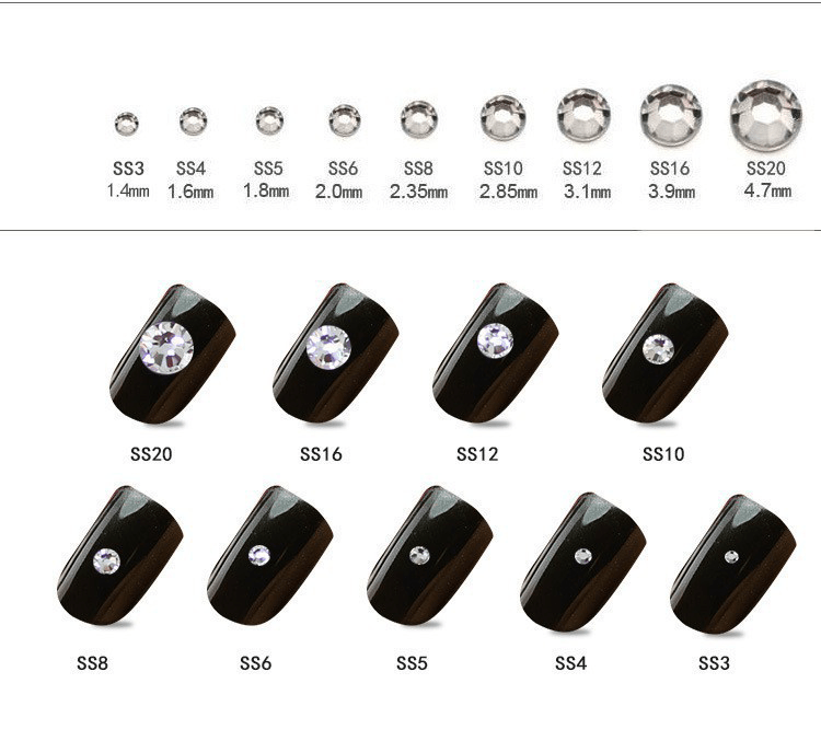 White flat-back crystal nail rhinestones SS3 to SS20 size look on nail for DIY nail art