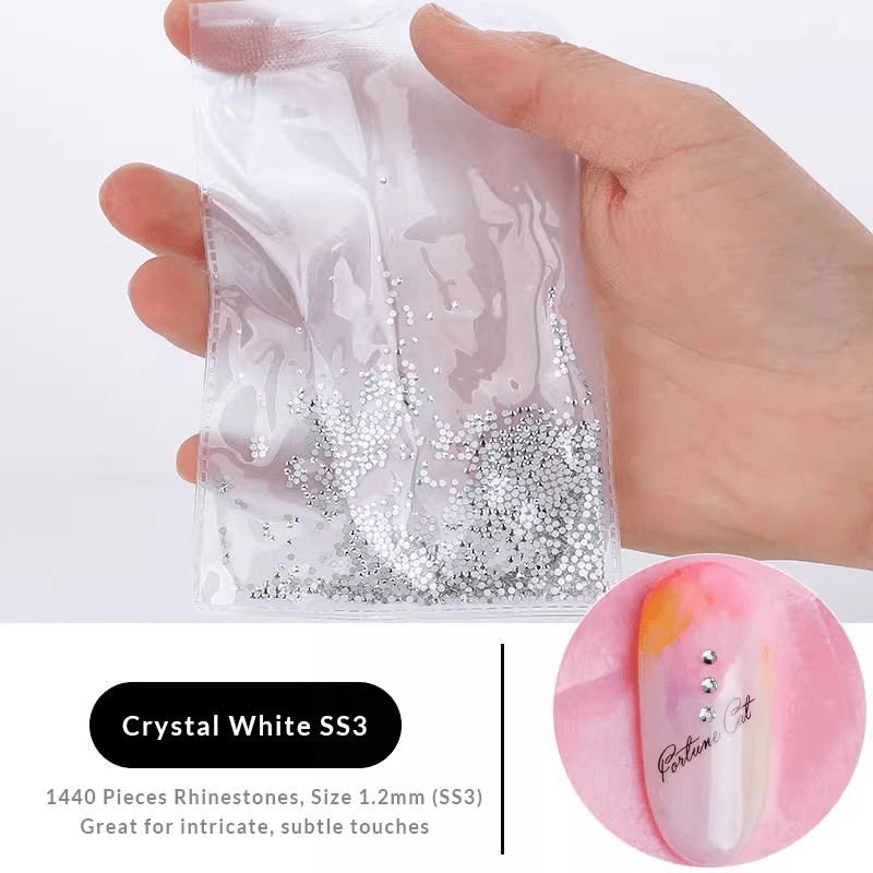 White flat-back crystal nail rhinestones SS3(1.2mm) 1440 pcs for DIY nail art