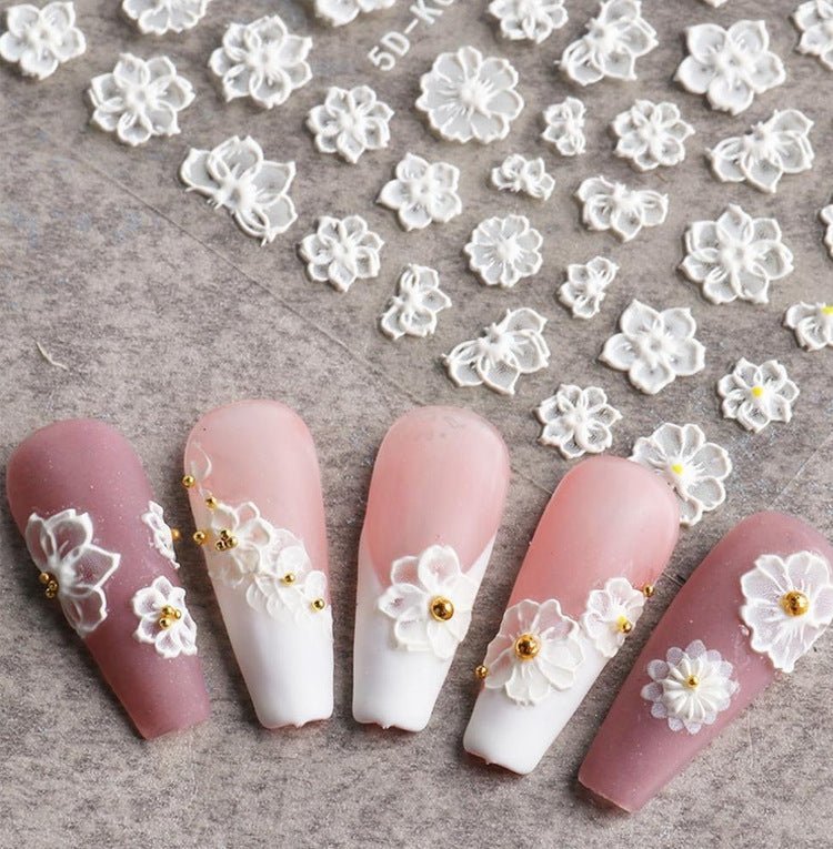 Elegant white lace flower 5D nail sticker for press-on nails