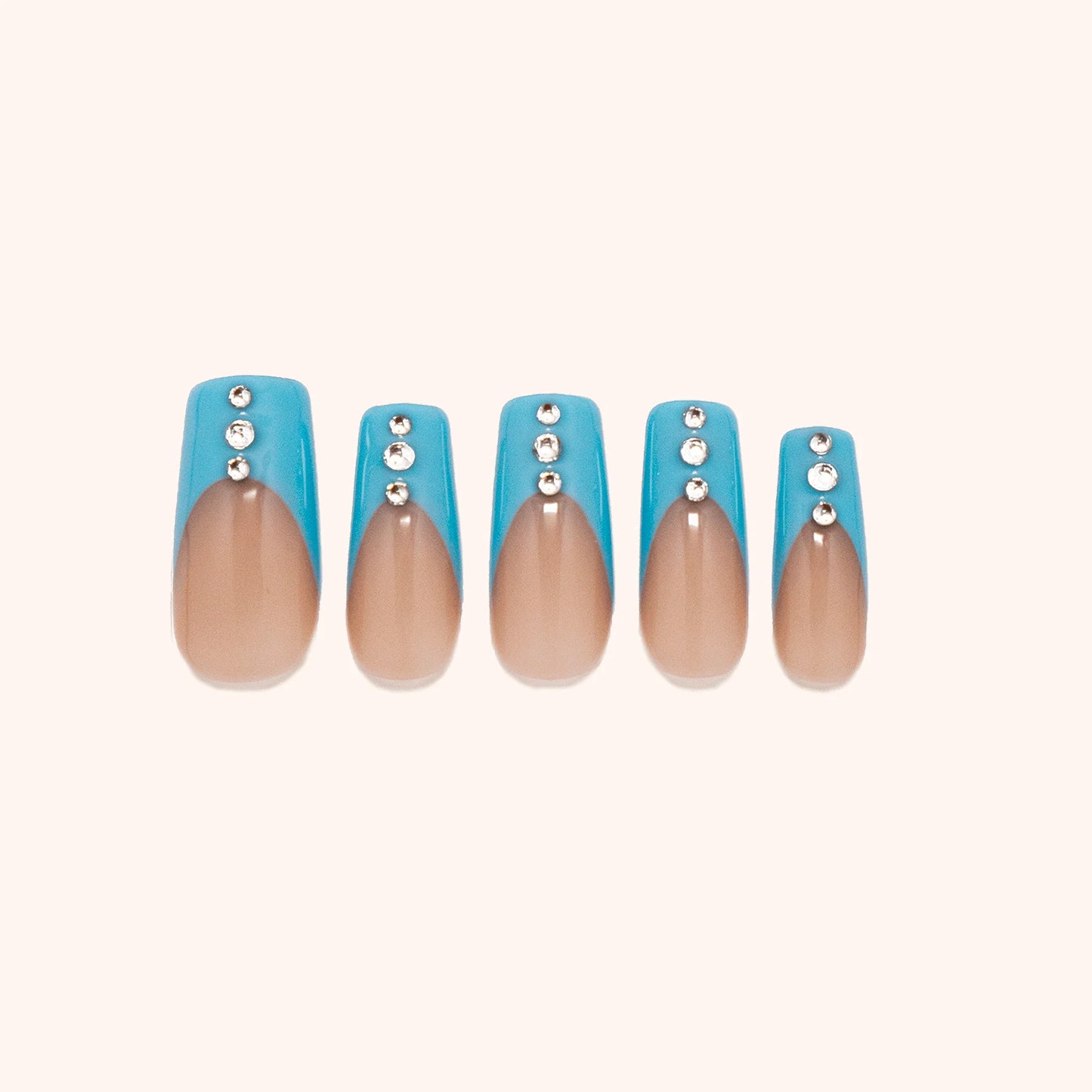 Sky blue gemstone French nails. Square nails. Product image. 5 press-ons.