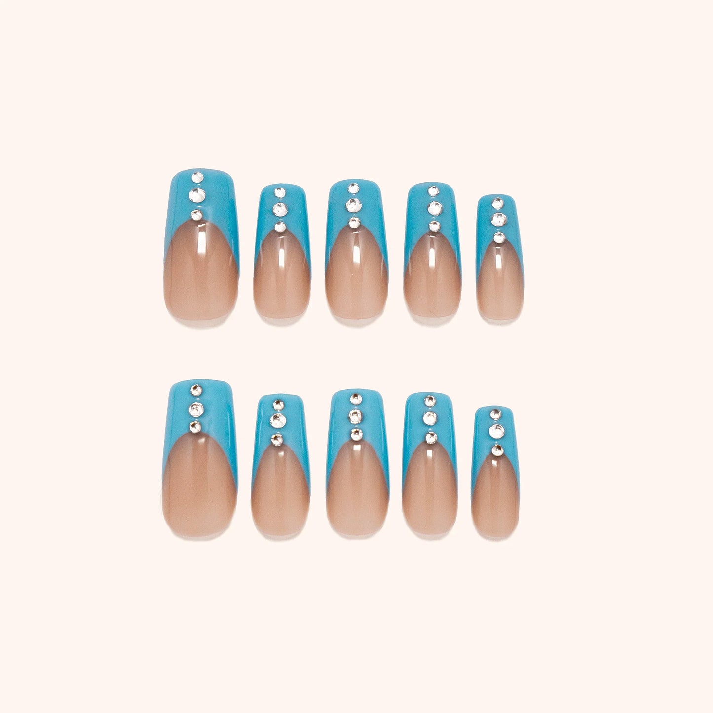 Sky blue gemstone French nails. Square nails. Product image. 10 press-ons.