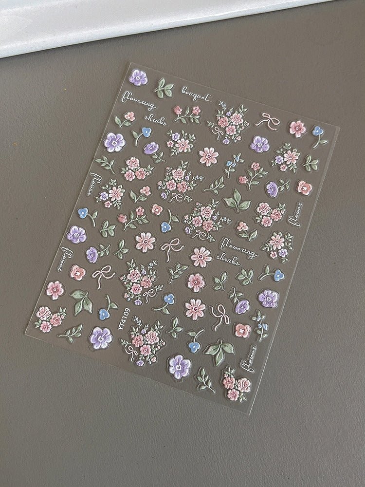 Lavender and blue floral whispers 3D floral nail stickers for DIY nail art