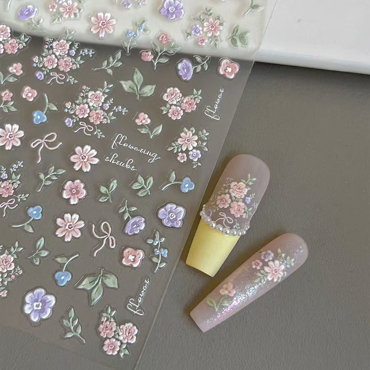 Lavender and blue floral whispers 3D floral nail stickers on press on nails
