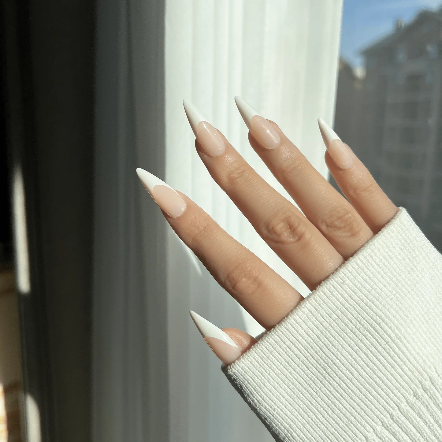 LuxeTip French Press On Nails, Long Stiletto White French Tips, On hand Display 2