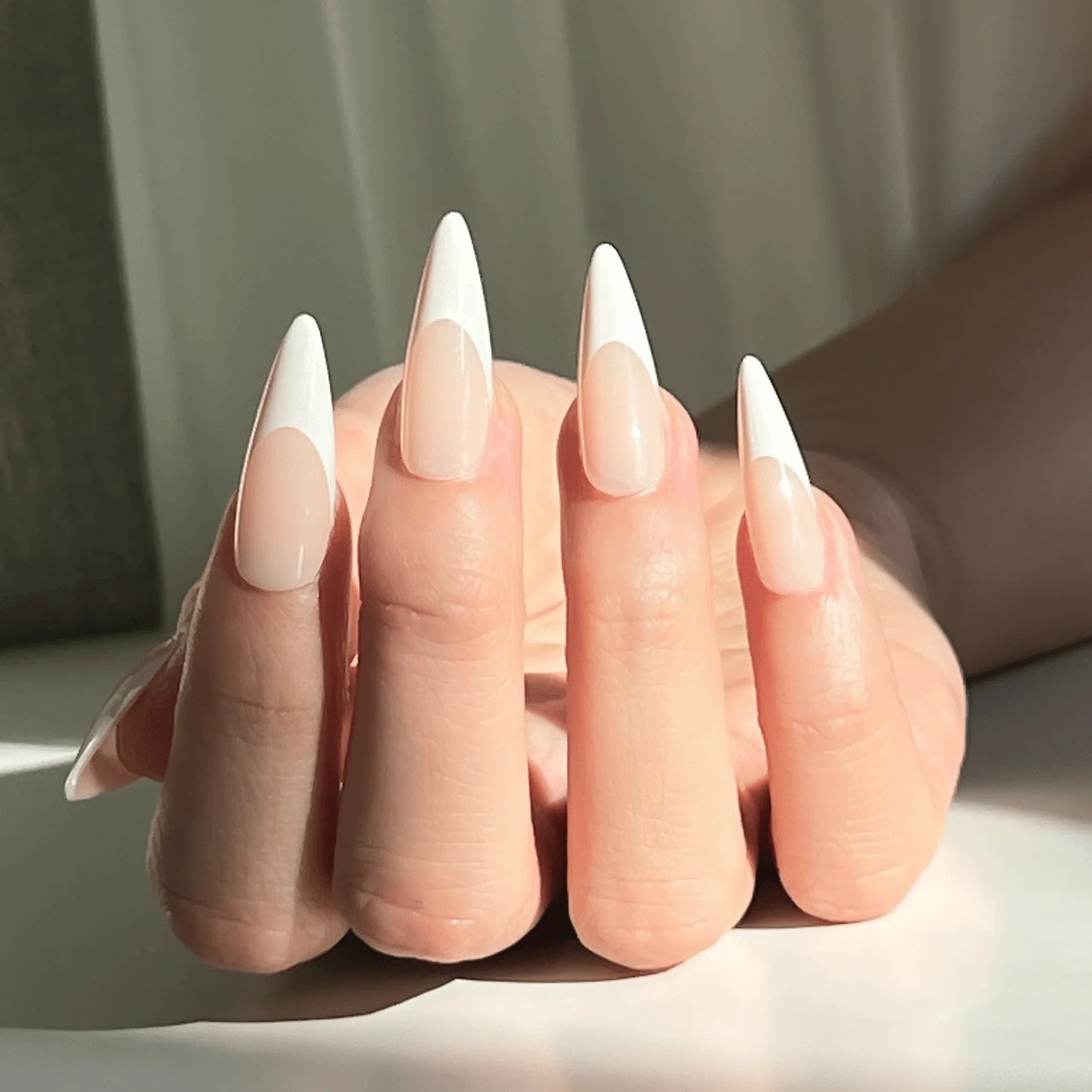 LuxeTip French Press On Nails, Long Stiletto White French Tips, On hand Display 4