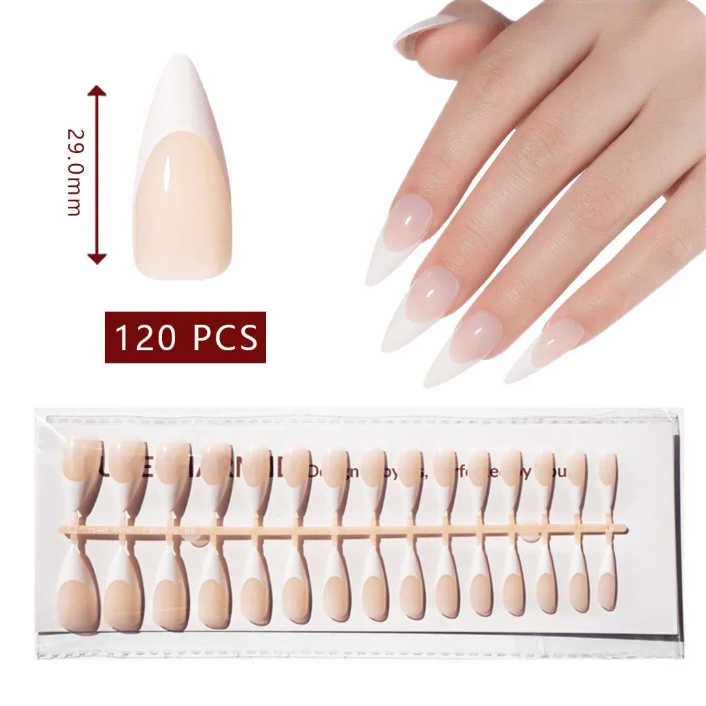 LuxeTip French Press On Nails, Long Stiletto White French Tips, Salon Quality, On Hand Display, Thumb Nail Size Guide