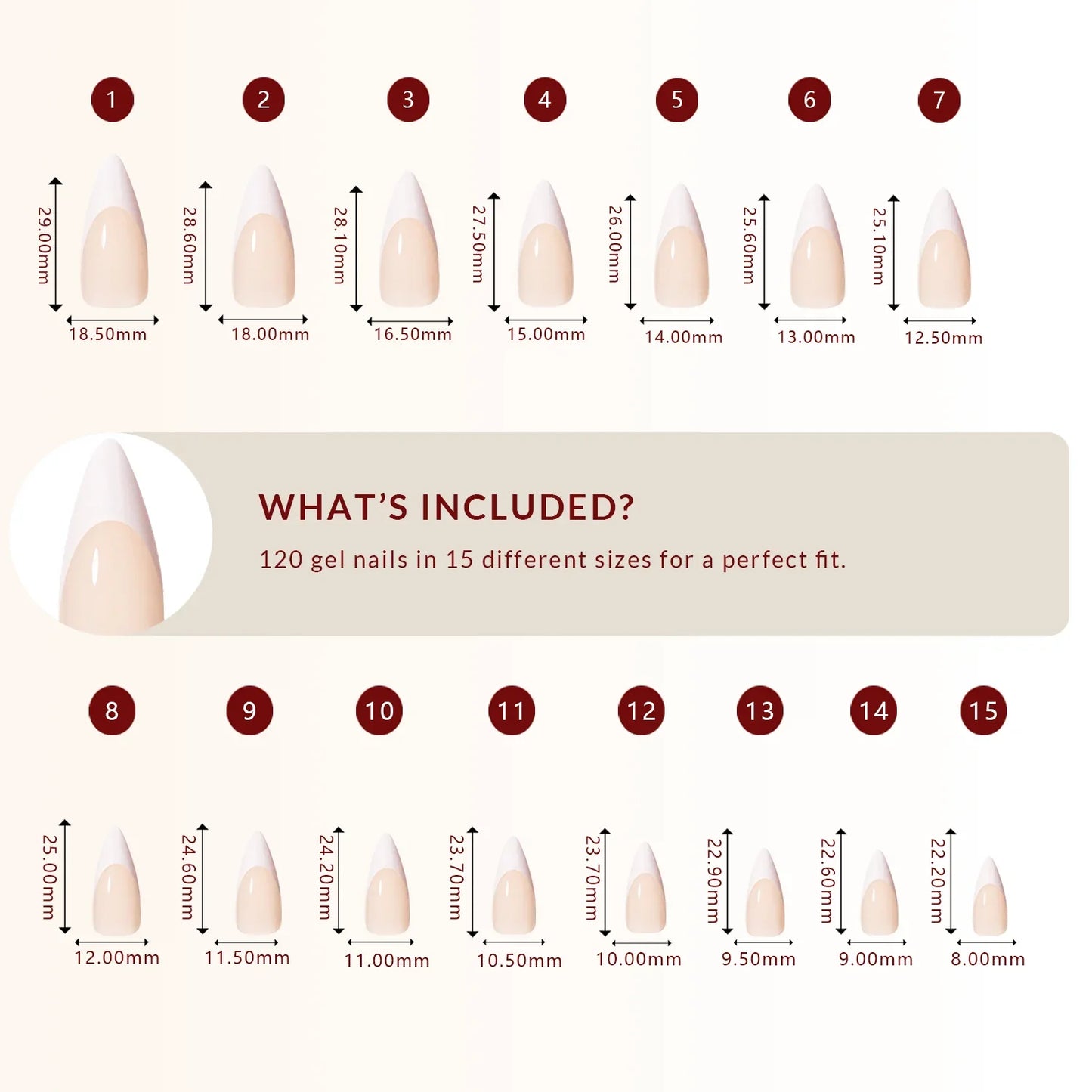LuxeTip French Press On Nails, Long Stiletto White French Tips, Size Guide, 120 Gel Nails in 15 Different Sizes