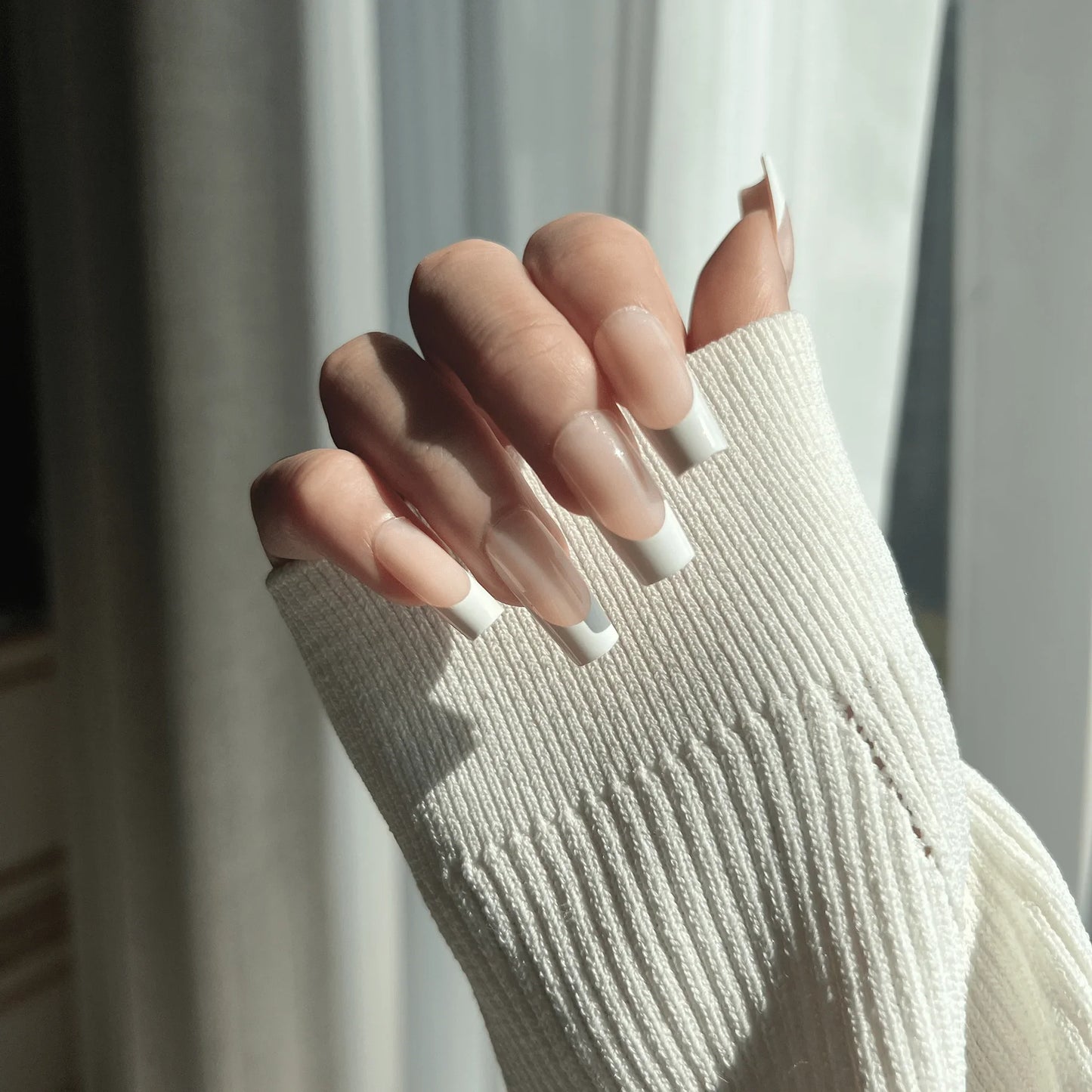 LuxeTip French Press On Nails, Medium Square White French Tips, On Hand Display 2