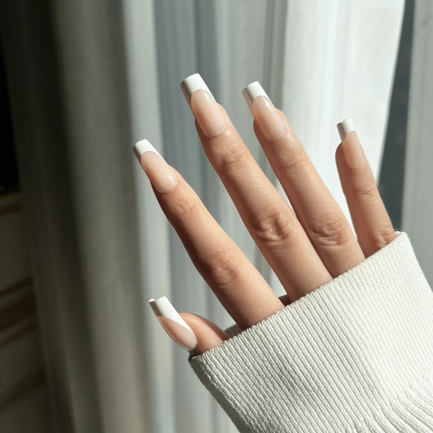 LuxeTip French Press On Nails, Medium Square White French Tips, On Hand Display 3