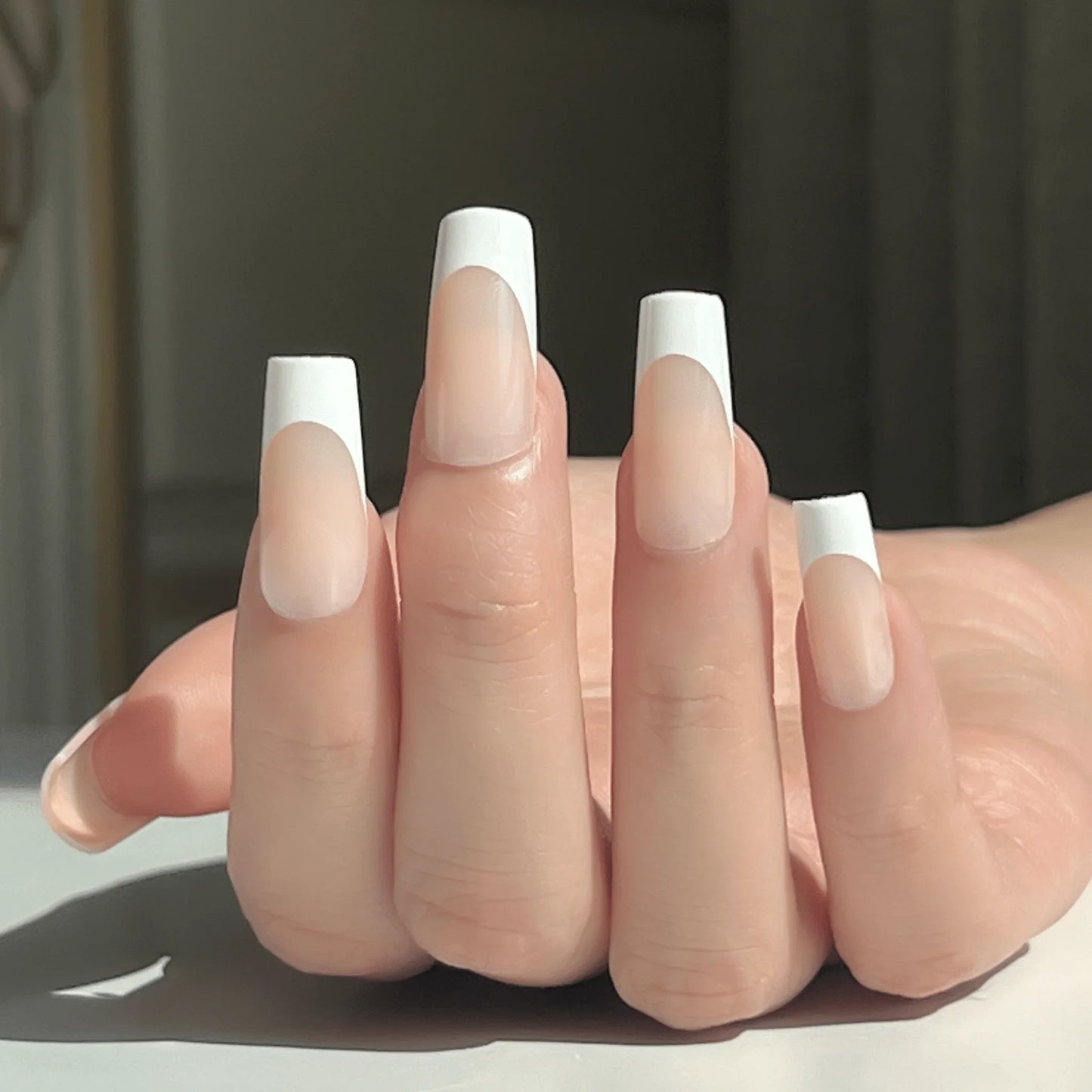 LuxeTip French Press On Nails, Medium Square White French Tips, On Hand Display 4