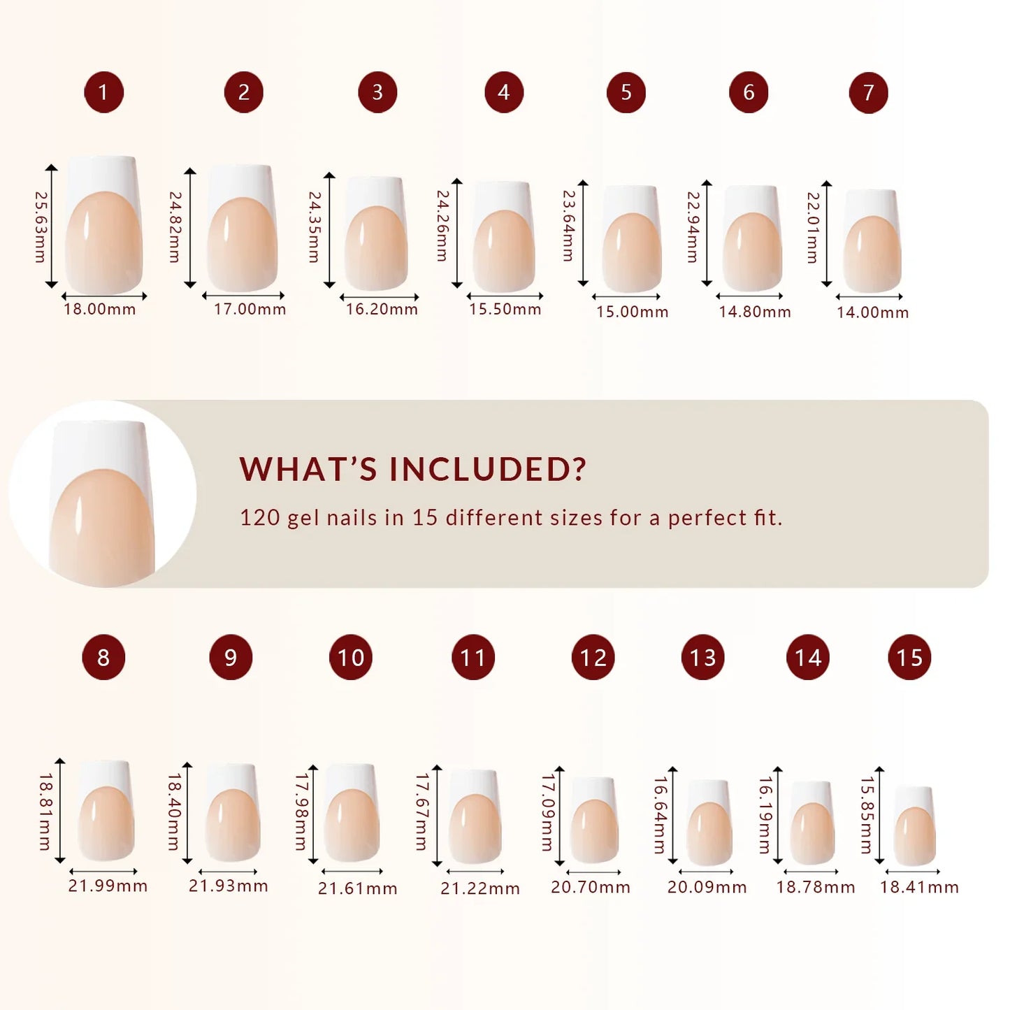 LuxeTip French Press On Nails, Medium Square White French Tips, Size Guide, 120 Gel Nails in 15 Different Sizes