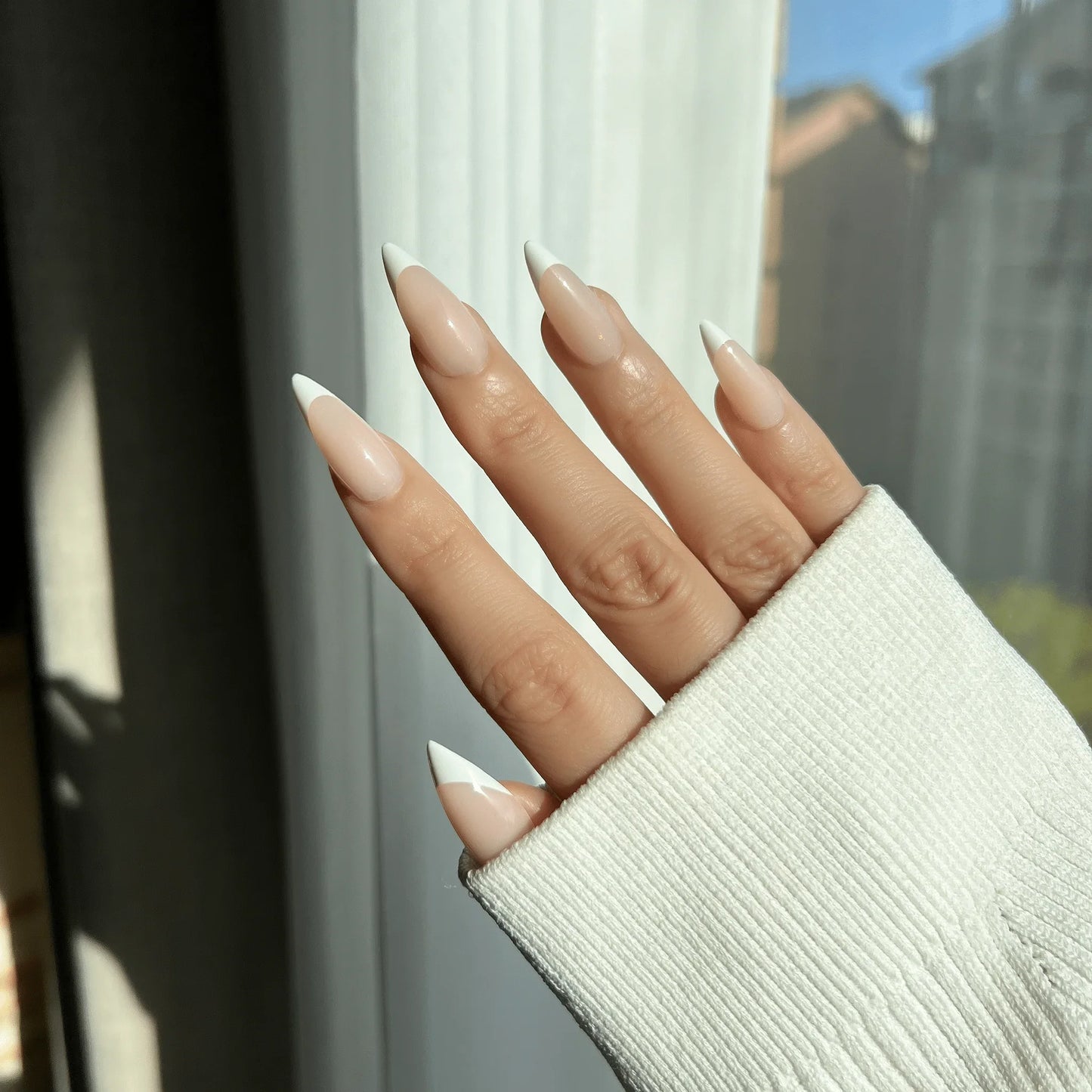LuxeTip French Press On Nails, Medium Stiletto White French Tips, High-Gloss Finish, On Hand Display 3