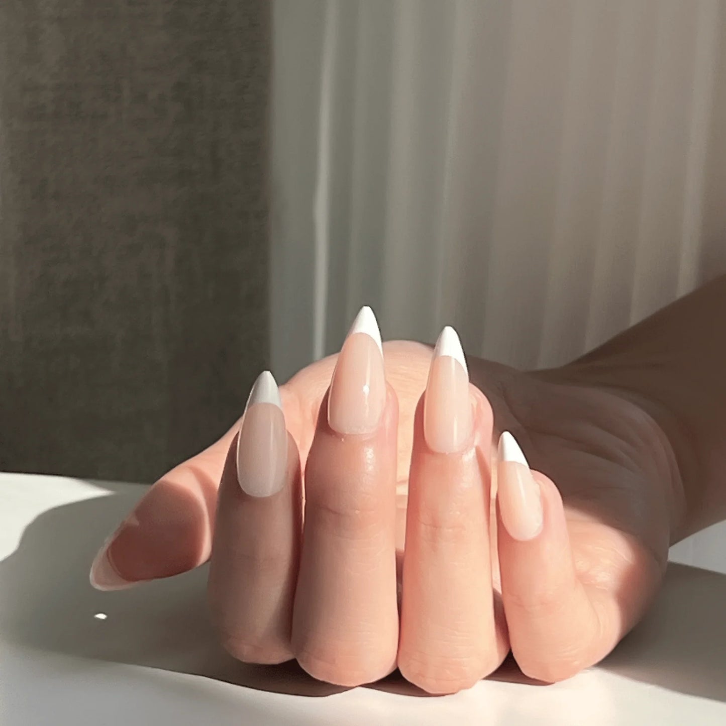 LuxeTip French Press On Nails, Medium Stiletto White French Tips, High-Gloss Finish, On Hand Display 5