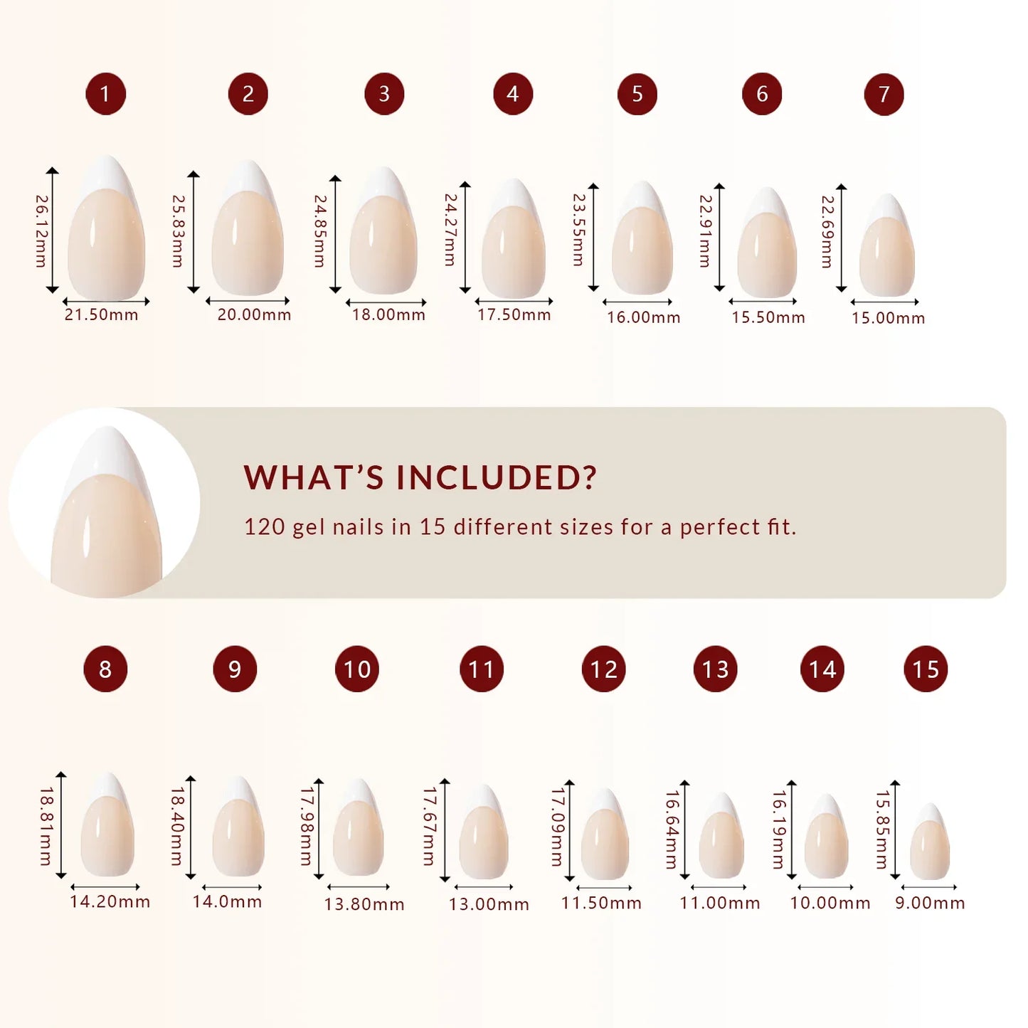 LuxeTip French Press On Nails, Medium Stiletto White French Tips, Size Guide, 120 Gel Nails in 15 Different Sizes