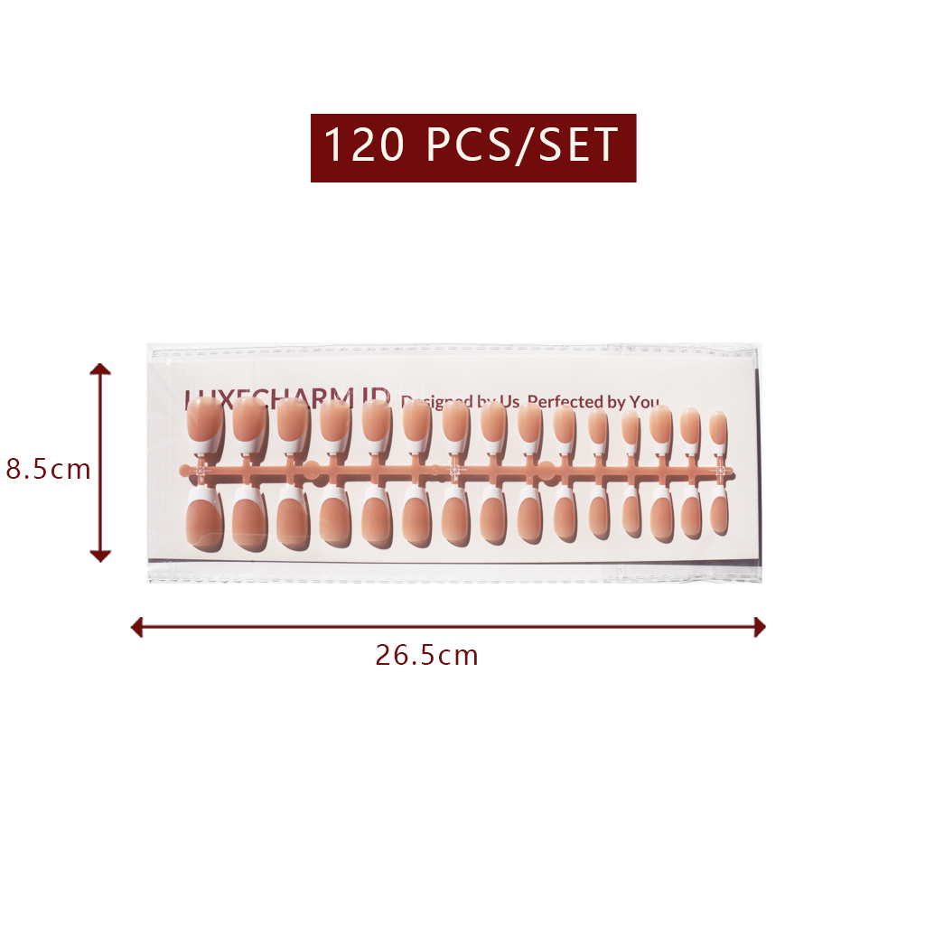 LuxeTip French Press On Nails, Short Coffin White French Tips, Light Brown Color
