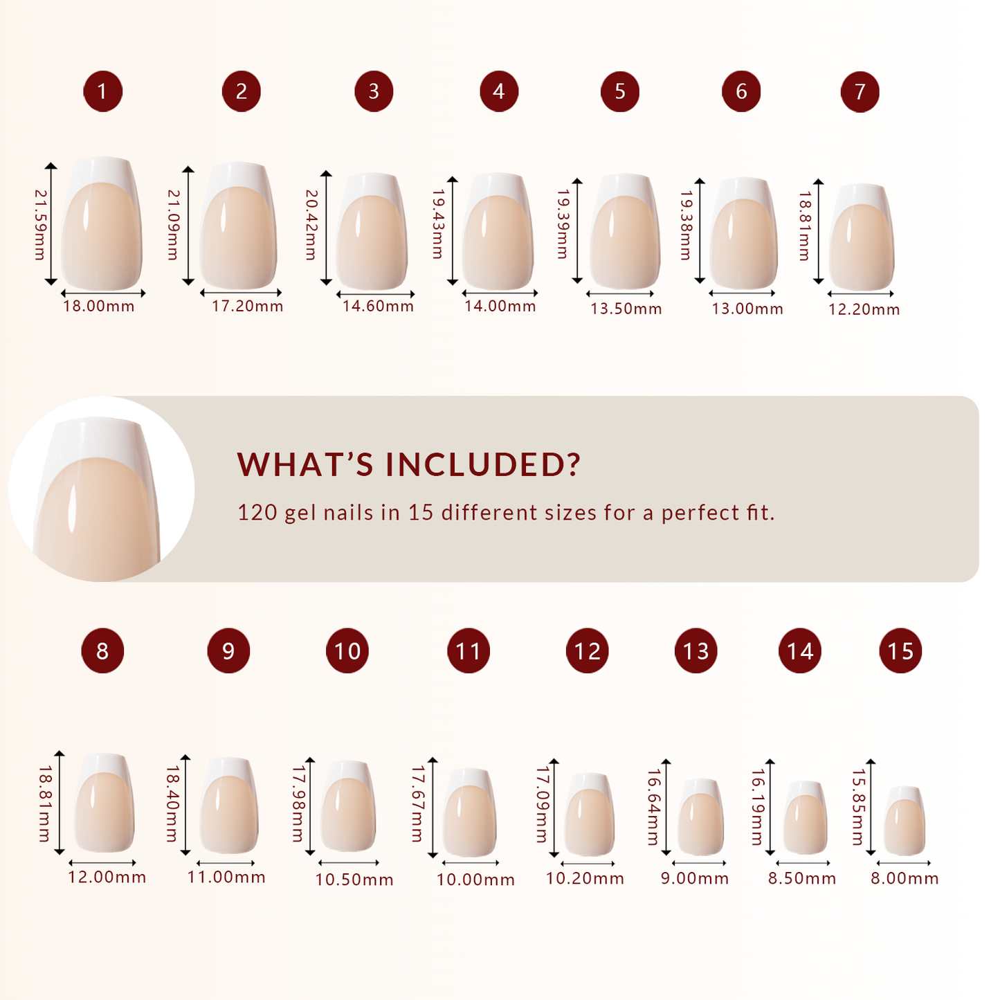 LuxeTip French Press On Nails, Short Coffin White French Tips, Size Guide, 120 Gel Nails in 15 Different Sizes