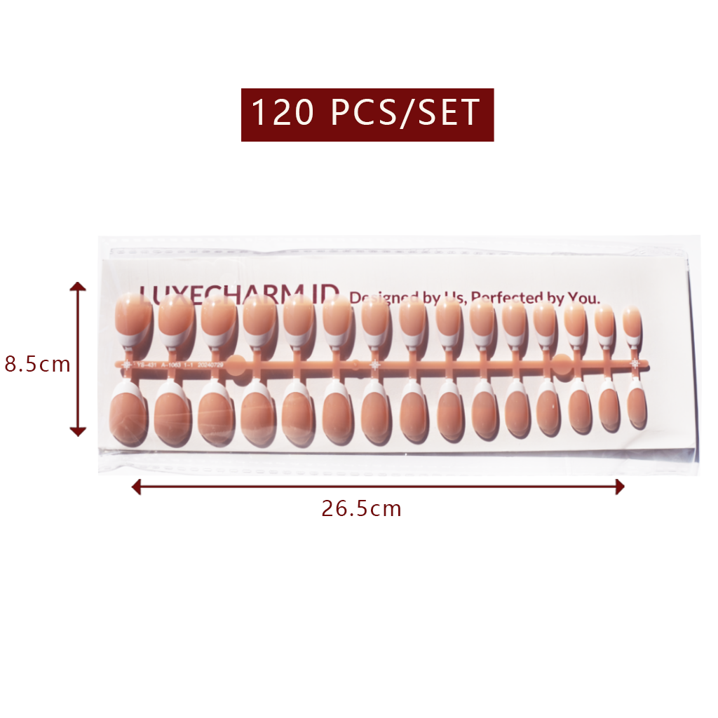LuxeTip French Press On Nails, Short Oval White French Tips, High-Gloss Finish, Light Brown Color