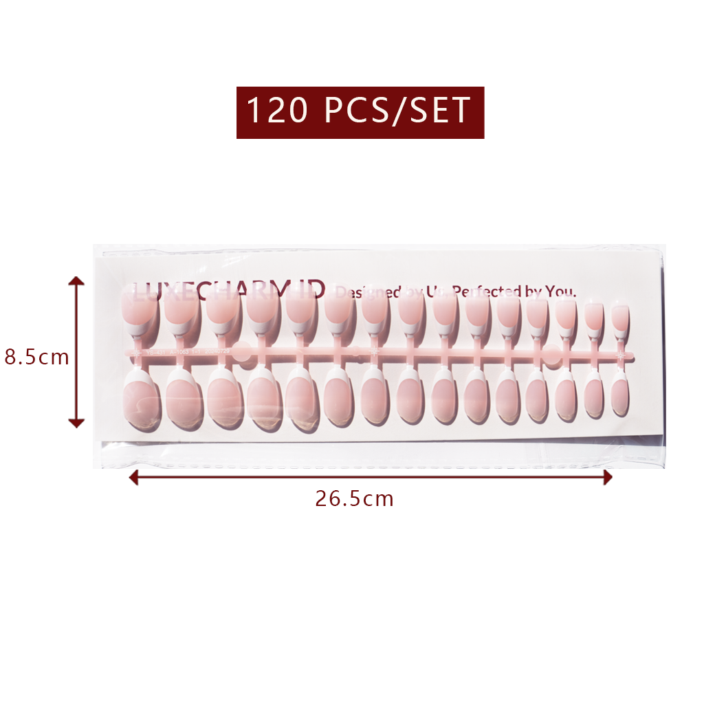 LuxeTip French Press On Nails, Short Oval White French Tips, High-Gloss Finish, Light Pink Color