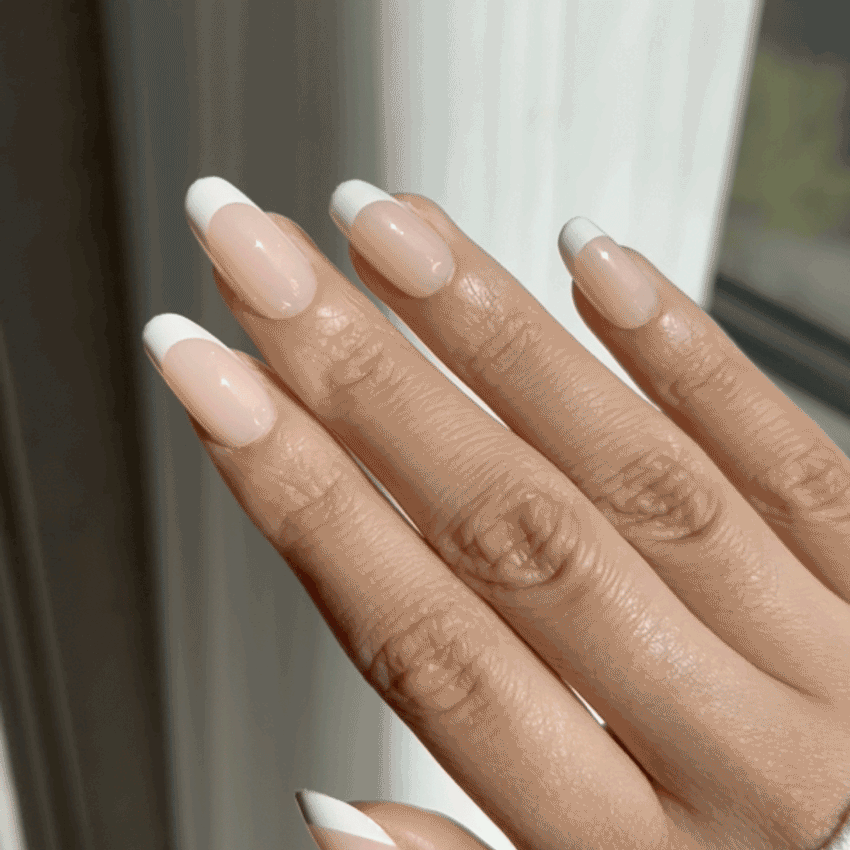 LuxeTip French Press On Nails, Short Oval White French Tips, High-Gloss Finish, On Hand Display, Live GIF