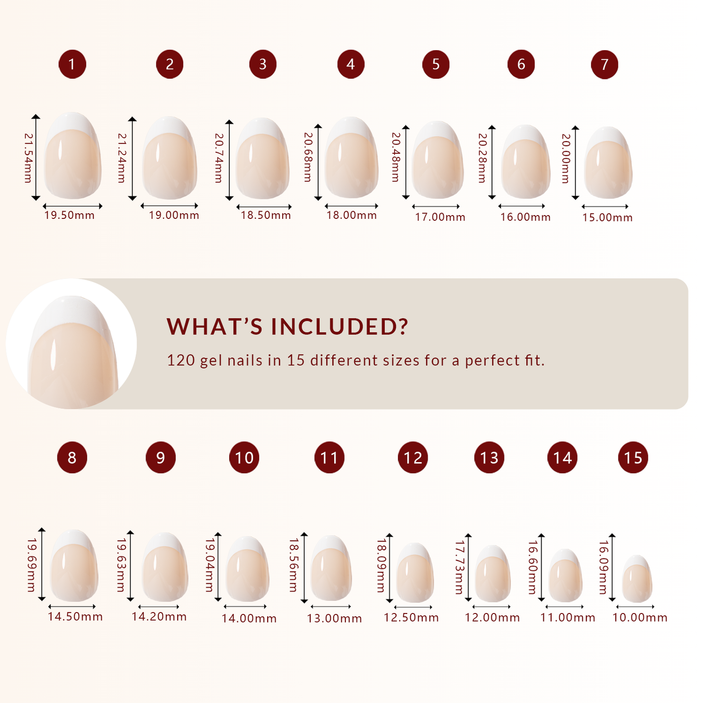 LuxeTip French Press On Nails, Short Oval White French Tips, High-Gloss Finish, Size Guide, 120 Gel Nails in 15 Different Sizes