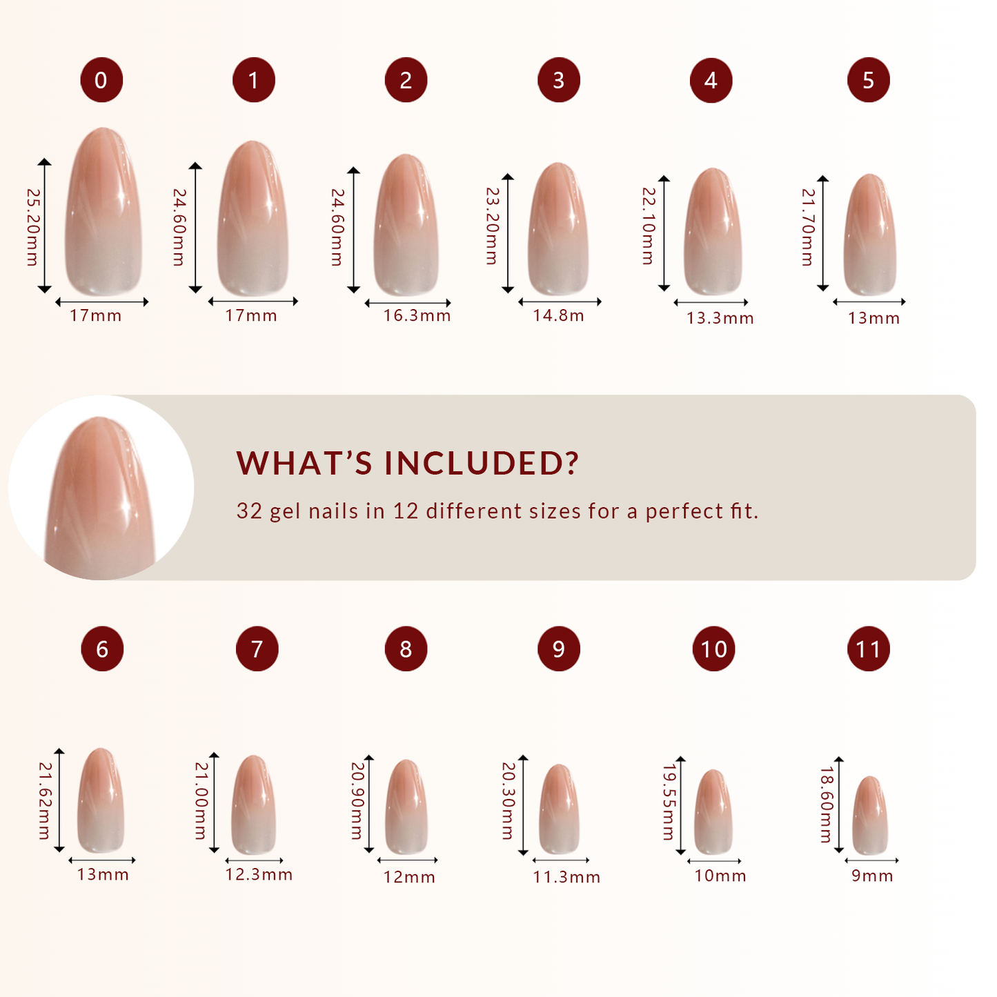 LuxeTip Glass Cat Eye Press On Nails Medium Oval, Size Guide, 32 Gel Nails in 12 Different Sizes