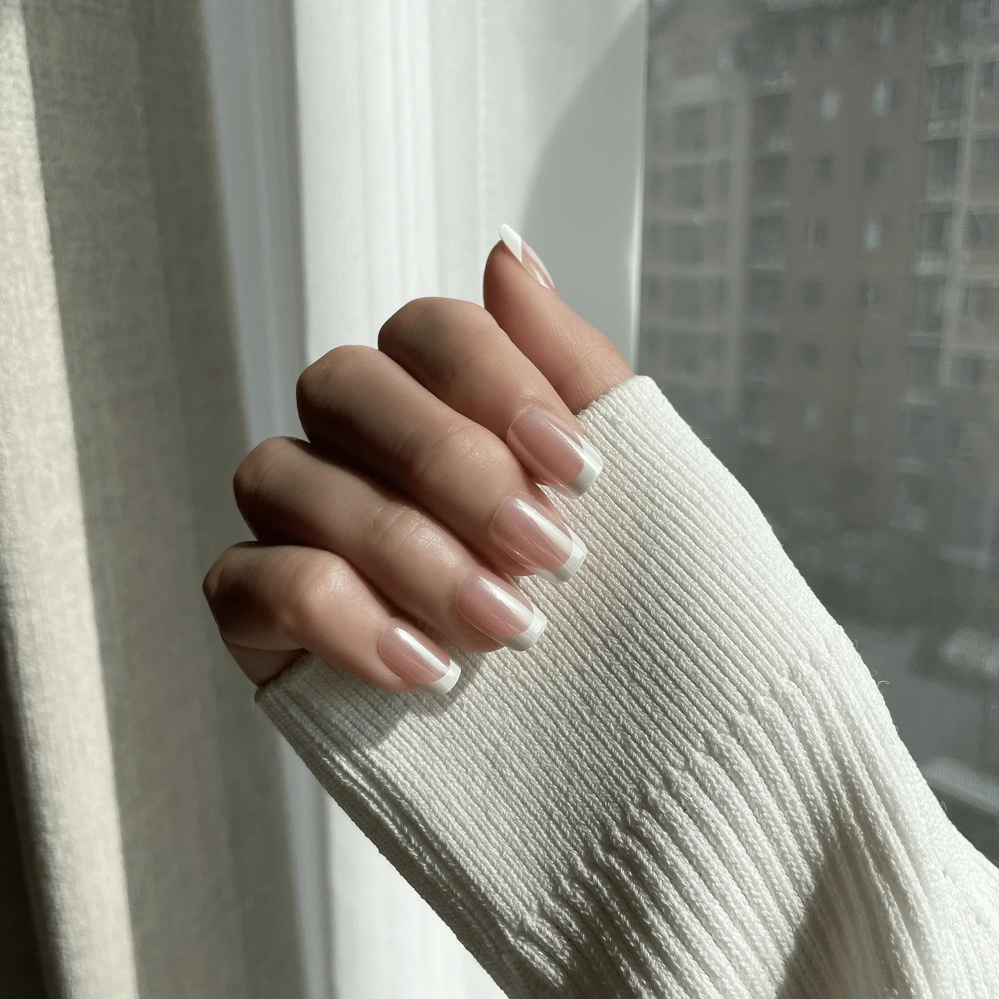 LuxeTip Glazed French Press On Nails, Extra Short Square White French Tips, High-Gloss Finish, On Hand Display 3