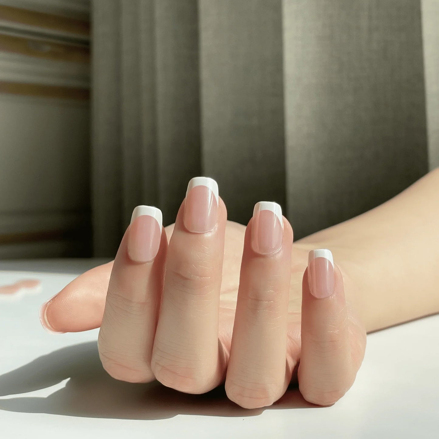 LuxeTip Glazed French Press On Nails, Extra Short Square White French Tips, High-Gloss Finish, On Hand Display 4
