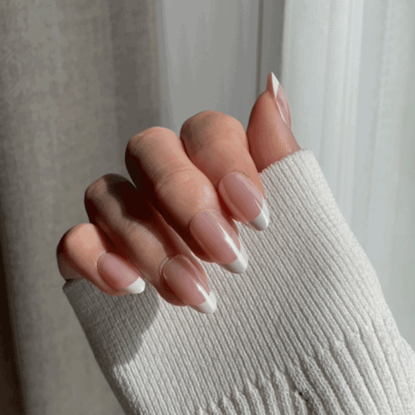 LuxeTip Glazed French Press On Nails, Short Almond White French Tips, High-Gloss Finish, On Hand Display, Live GIF