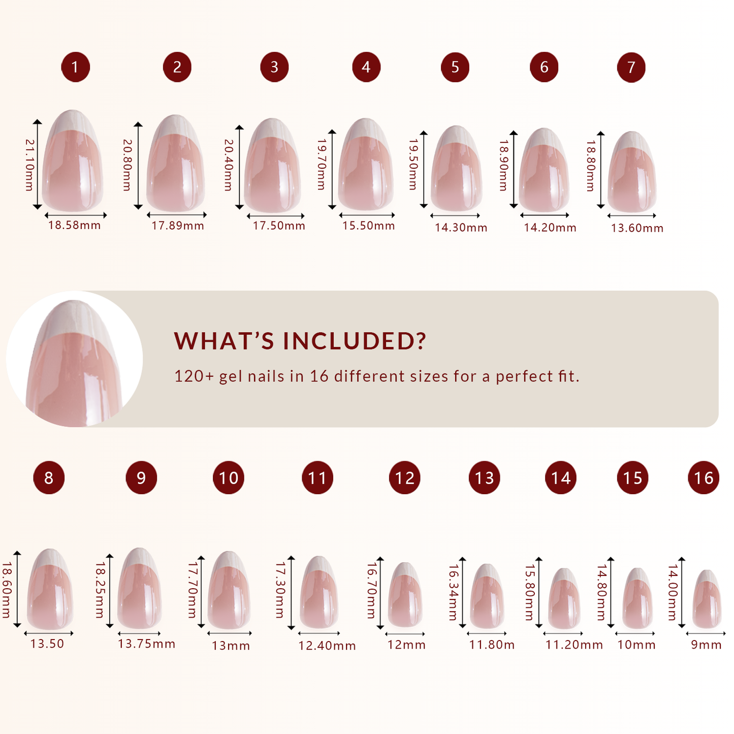 LuxeTip Glazed French Press On Nails, Short Almond White French Tips, High-Gloss Finish, Size Guide, 120+ Gel Nails in 16 Different Nail Sizes