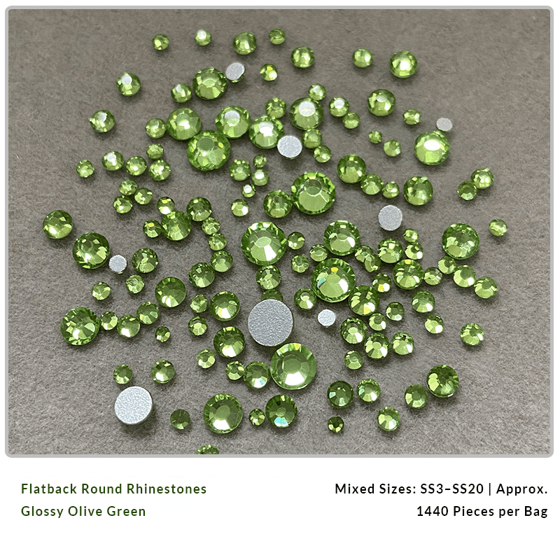 Glossy olive green and crystal nail rhinestones for DIY nail art