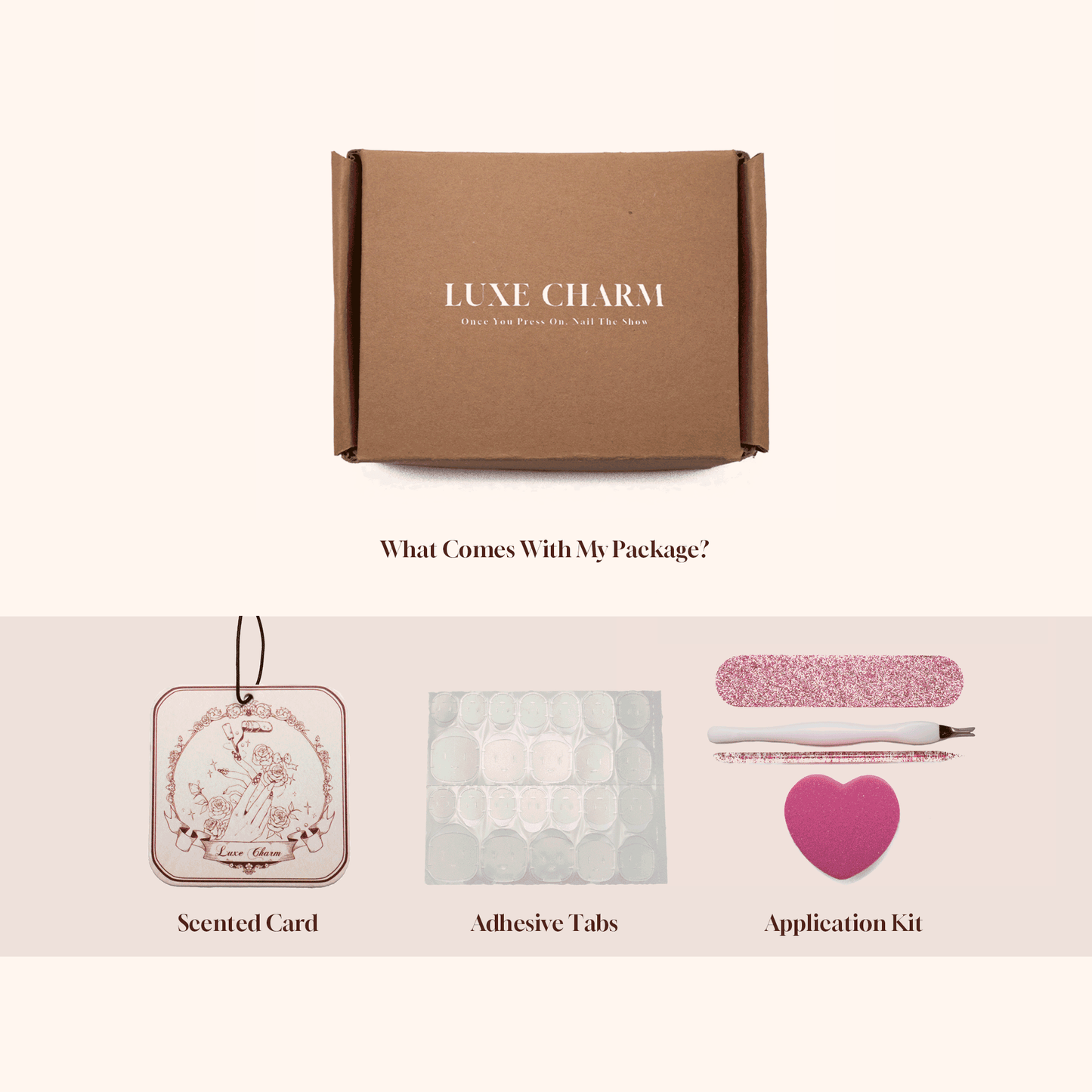 Nail Tools and what is included: Scented Card- Adhesive tabs-Application Kit