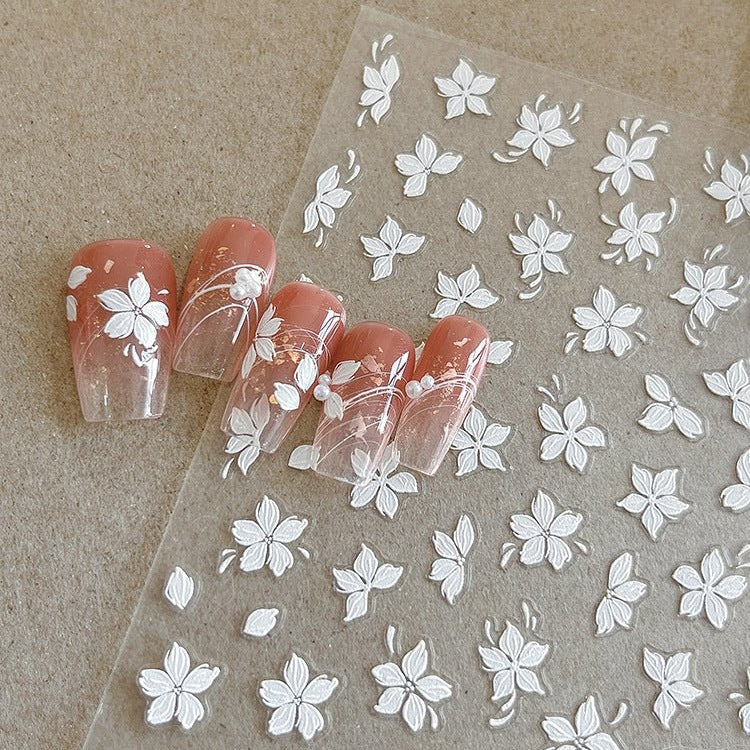 Pure white blossom and petals 3D floral nail stickers on press on nails