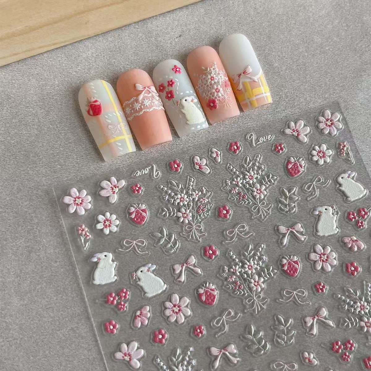 Romantic pink bouquet and ribbon 3D floral nail decals for DIY nail art
