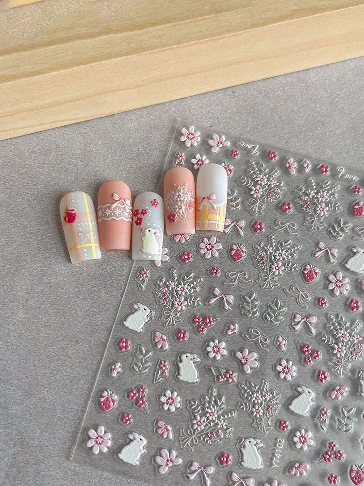 Romantic pink bouquet and ribbon 3D floral nail decals on press on nails