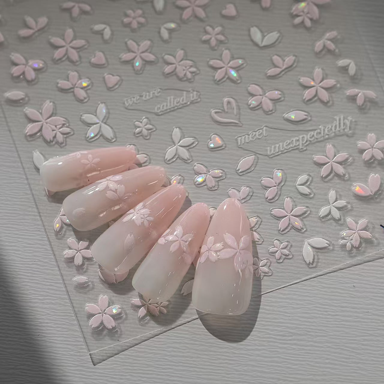 Sakura pink petal nail stickers with iridescent shell effect for DIY nail art