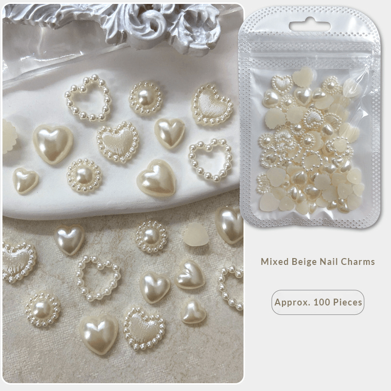 100 pcs mixed beige pearl heart nail charms, flat-back 3D resin nail charms for DIY nail art