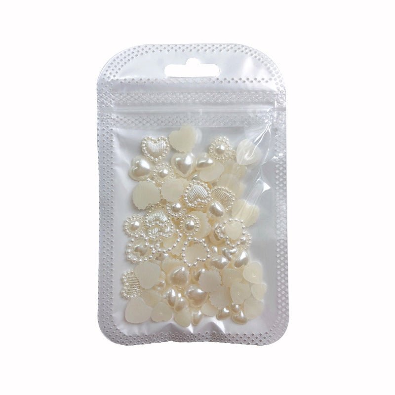 100 pcs mixed beige pearl heart nail charms, flat-back 3D resin nail charms in the bag look