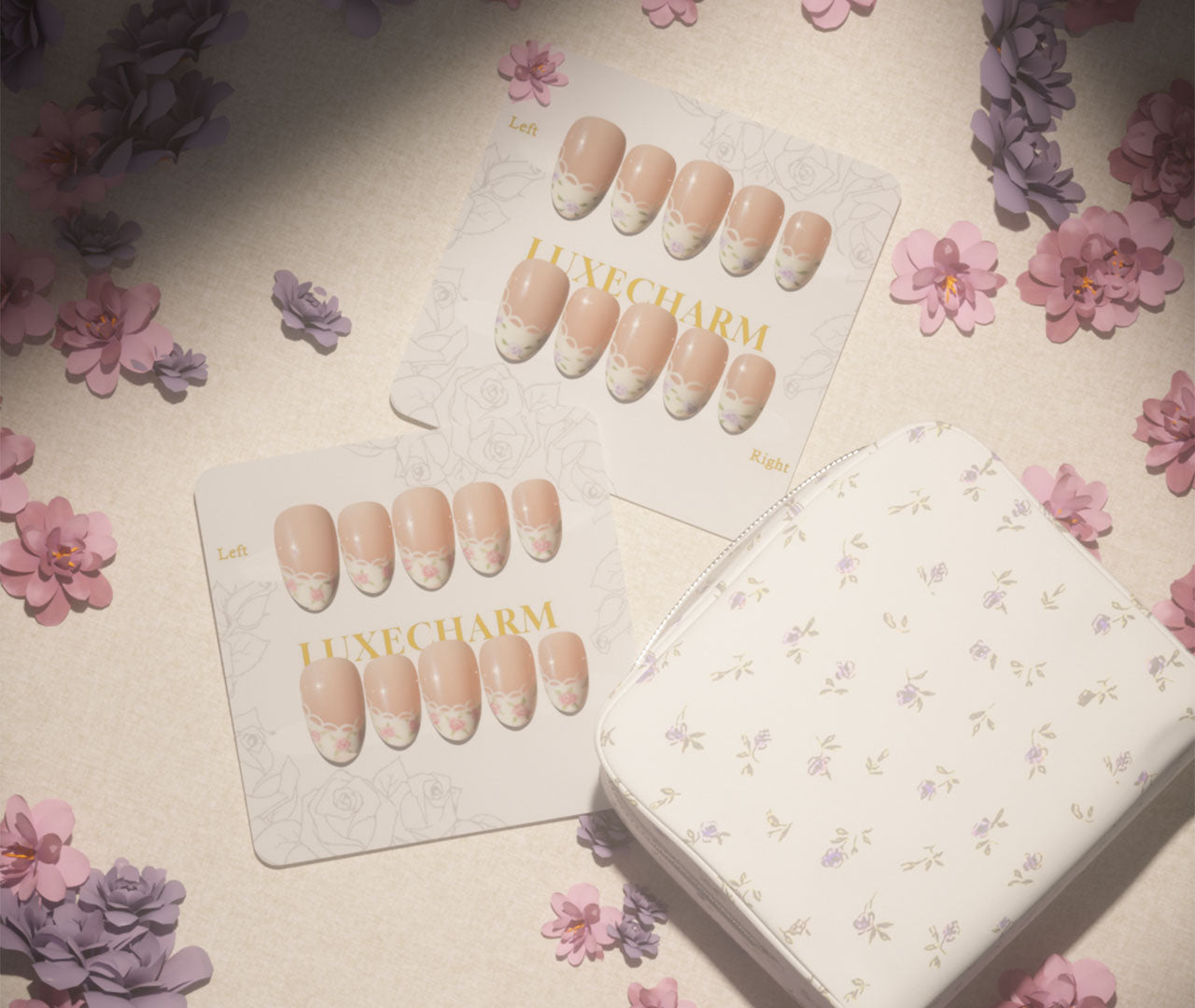 LuxeCharm Bloom & Carry Bundle. 2 LuxeCharm Petal Whisper sets, 1 Limited handmade carry pouch. On a floral beige background