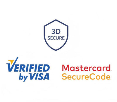 Logos of 3D Secure, Verified by Visa, and Mastercard SecureCode on a white background