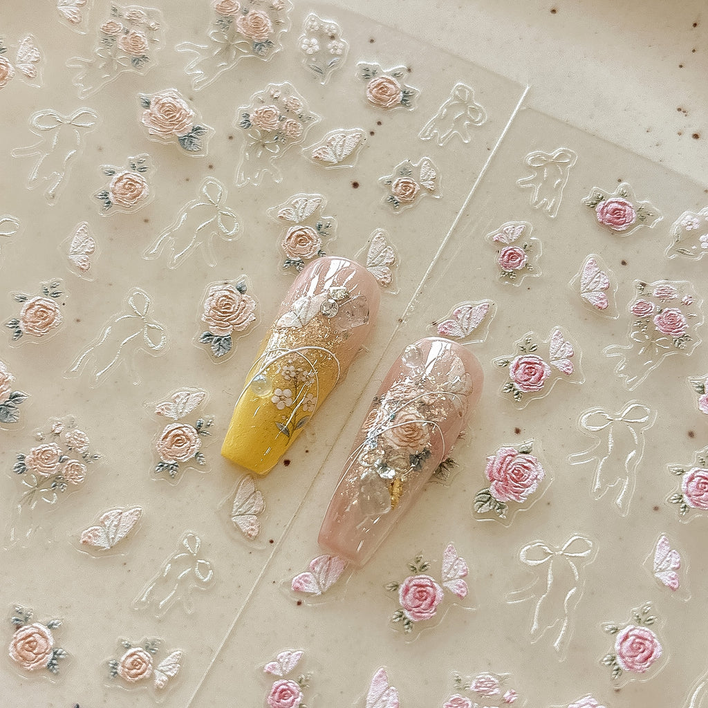 3D embossed rose nail sticker, Bow knot 3D nail sticker in champagne gold and light pink
