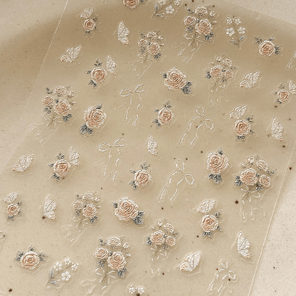 3D embossed rose nail sticker, Bow knot 3D nail sticker in champagne gold