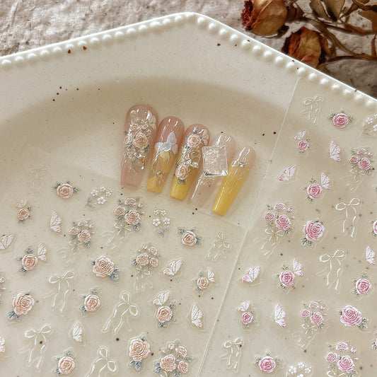 3D embossed rose nail sticker, Bow knot 3D nail sticker in champagne gold and light pink, on press on nails look