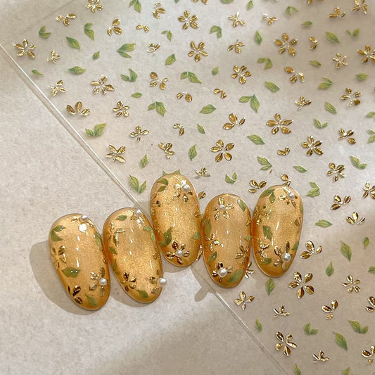 3D gold-foil floral nail stickers with metallic petals and leaves on press on nails